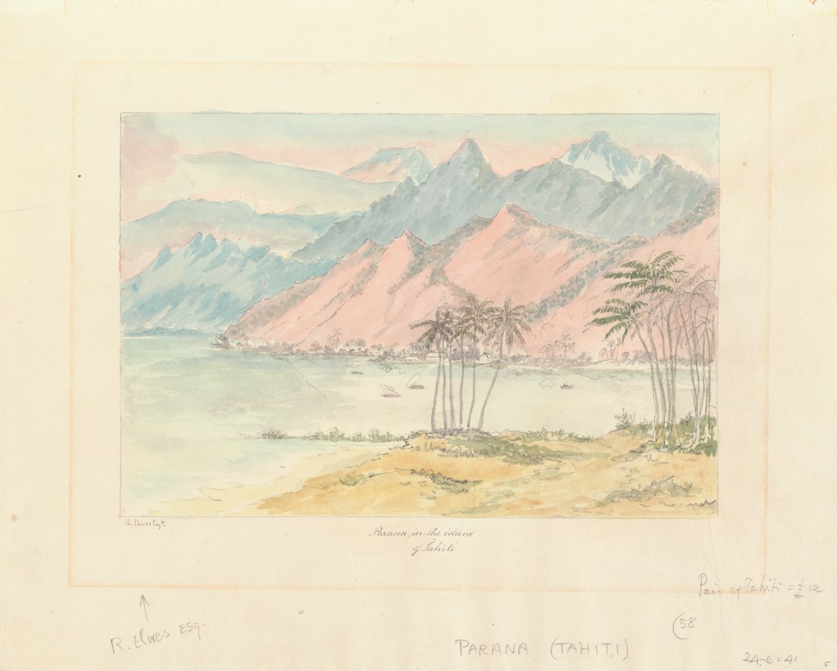 A colourful watercolour showing the coast and mountains of Tahiti. The whole scene is rendered in pastel pinks, greens and blues. In the foreground a grassy shoreline is dotted with palm trees. a bay or inlet seperates the island with the jagged mountains int he background. water craft are dispersed around the water.