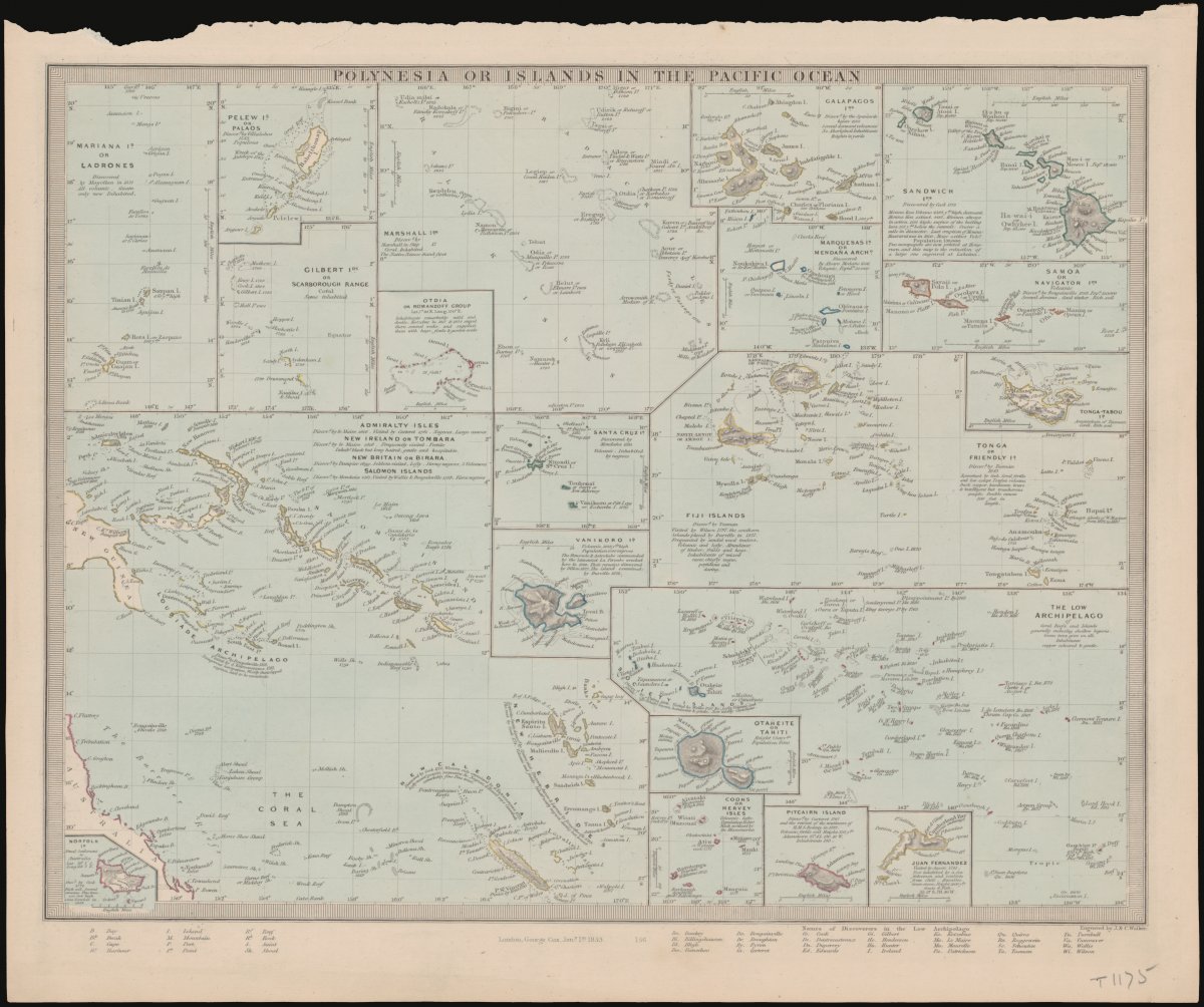 A map showing the islands of Polynesia. The map is broken into a variety of insets, each focussing on geographically close islands and island chains. Across the top is a title "Polynesia or islands in the Pacific Ocean" Under the map are various keys and more information
