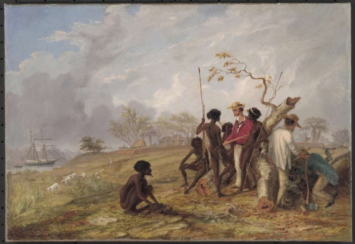 A scene showing a group of people sitting and standing around a felled tree. Five of the men appear to be Indigenous Australians. Three are standing, one leaning on a spear. The other two are seated. Three other men stand near the tree as well. One is in conversation with the man leaning on the spear. The other two are doing something behind the tree, one has an axe. Their faces are are not shown to the viewer. A tall European sailing ship can be seen int he distance.