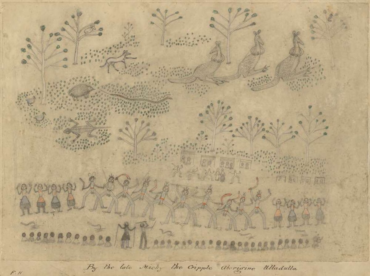 A series of simple drawings depicting people, animals and trees. A line of men and women in ceremonial dress and paint are lined up. The appear to be cheering or dancing. Watching them are another line of people with their backs to the viewer. Kangaroos, snakes and other Australian native animals watch on.