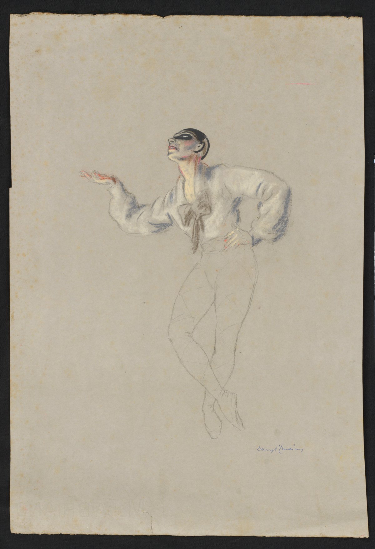An unfinished sketch of a dancer striking a pose. He is wearing a white blouse, his legs are not finished. He has highly contrasting makeup on.