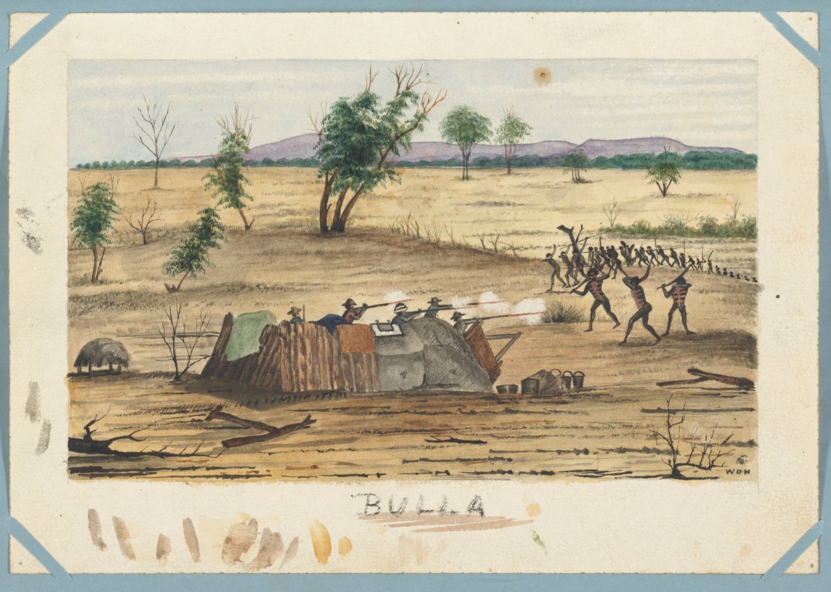 A framed image of a dusty landscape. Five men take shelter in a crude defense structure made of corrugated iron and wood. They are firing rifles at a group of Indigenous men charging over a hill. Sparse trees dot the dusty landscape. Dark hills can be seen in the background. Beneath the image is the word "BULLA".