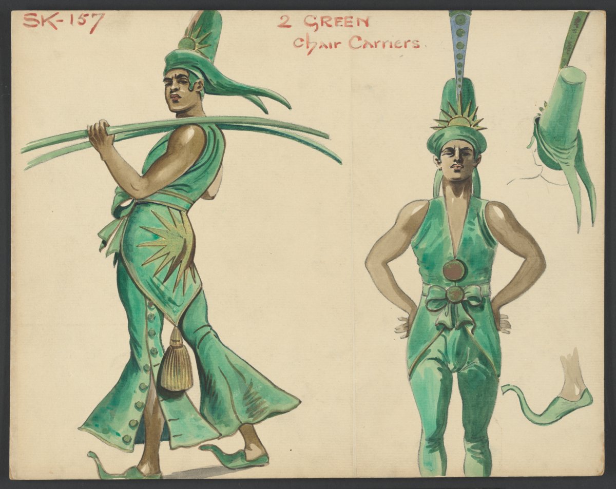 A watercolour sketch of a costume being modelled from different angles. The costume is green and flowing. There are green pointed shoes and a tall cone shaped hat. The person modelling the costume is also carrying green sticks or swords.