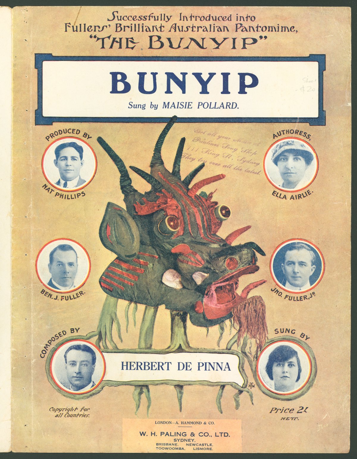 A book cover of the performance Bunyip. An image of an imagined bunyip takes up the centre of the cover. It looks vaguely like a Chinese dragon crossed with a pig and a cow. It is green and red. Surrounding the Bunyip head are inset portraits of the author, composer and other persons connected with the performance.