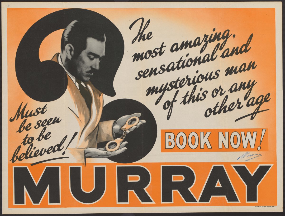 A large poster advertising MURRAY. A man holds a pair of handcuffs, he is looking at them seriously. The man is intertwined with a question mark. The background is a white circle that becomes more orange radiating out from the middle.