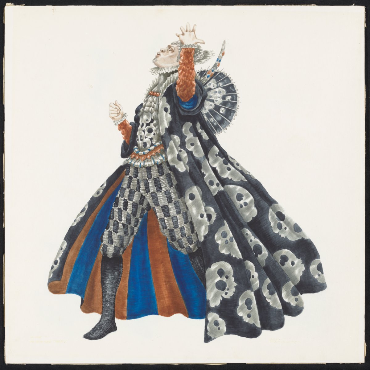 A sketch of a man modelling a costume. The costume is similar to the court dress of Tudor England with big neck ruffles and a long coat. The coat has stylised skulls on it. Underneath he is wearing an embroidered waistcoat and black and white checkered pants. The inner lining of the cloak is red and blue stripes