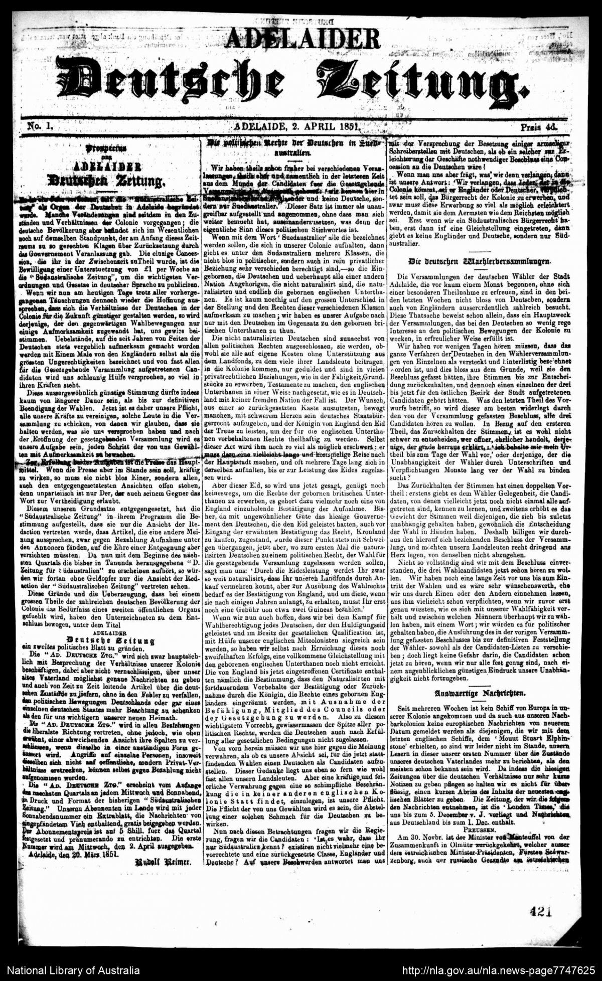 A page from the Adelaider Deutsche Zeitung, 1851.