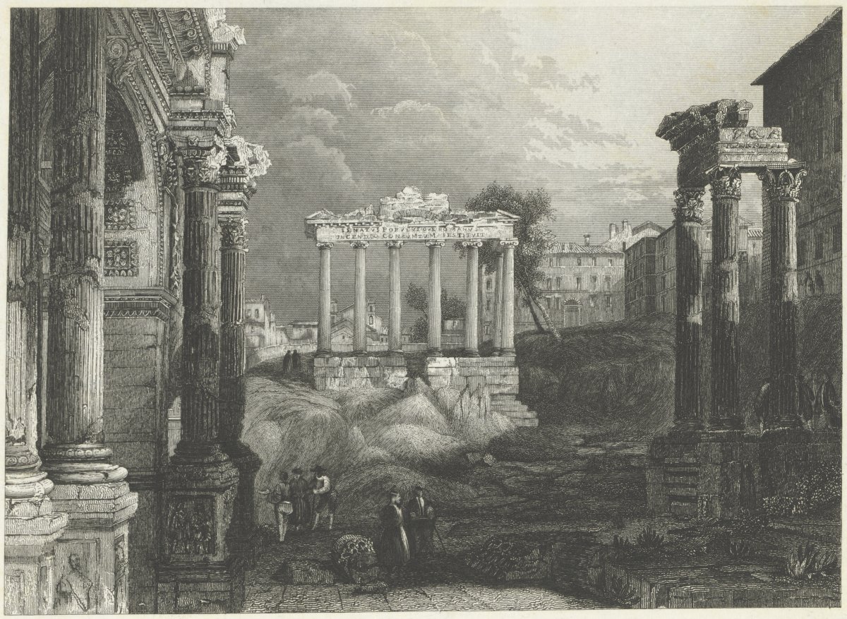 A lithograph print showing Roman ruins. People are walking around in the grounds of a ruined forum.