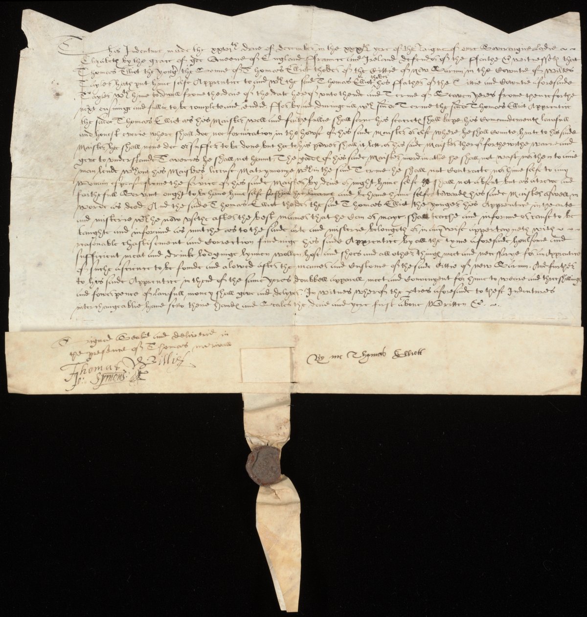 A handwritten contract. The top edge of the document is cut in a zig-zag manner. The bottom edge is folded once and a tail/strip of paper hangs off it. In the middle of the strip is a red wax seal with a crest on it.