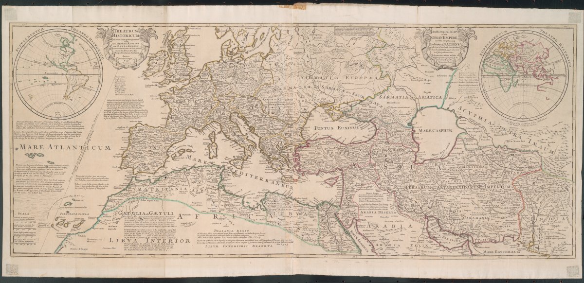 A map fold out showing the extent of the Eastern and Western Roman Empire in the year 400CE. The parts of the empire are marked yellow for West and red for East. With other nations (labelled "barbarous nations" on the map) marked in blue. Inset are comparatively modern (Map printed1709) maps showing the Roman Empire in context to the rest of the world.