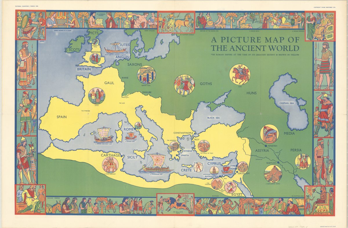 A colourful drawn map of the "ancient world". The territory of the Roman Empire is shaded in yellow. Inset around the map and border are depictions of people and cultures around the map.