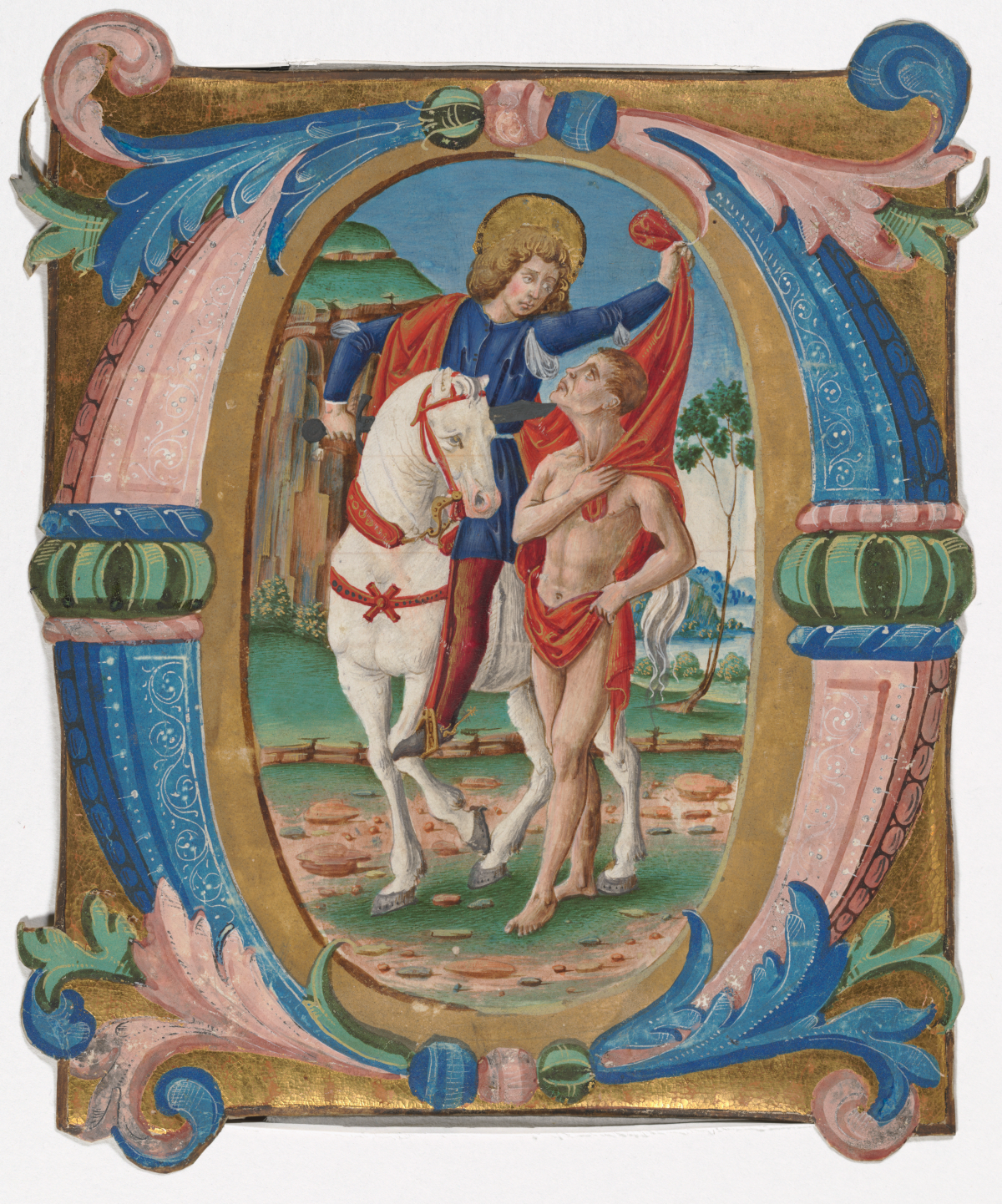 A large very ornate illuminated letter "O". The letter is drawn in gold (the original is guilded and shiny, the digital copy is matt). Surrounding the letter are columns of blue and pink. Leaves and fronds decorate the top and bottom. Within the middle of the "O" is a figure in a blue and red robe riding a white horse. He has a halo on his head. He is leaning off of his horse to drape his red cloak over a naked man walking alongside his horse. The men are looking at each other.