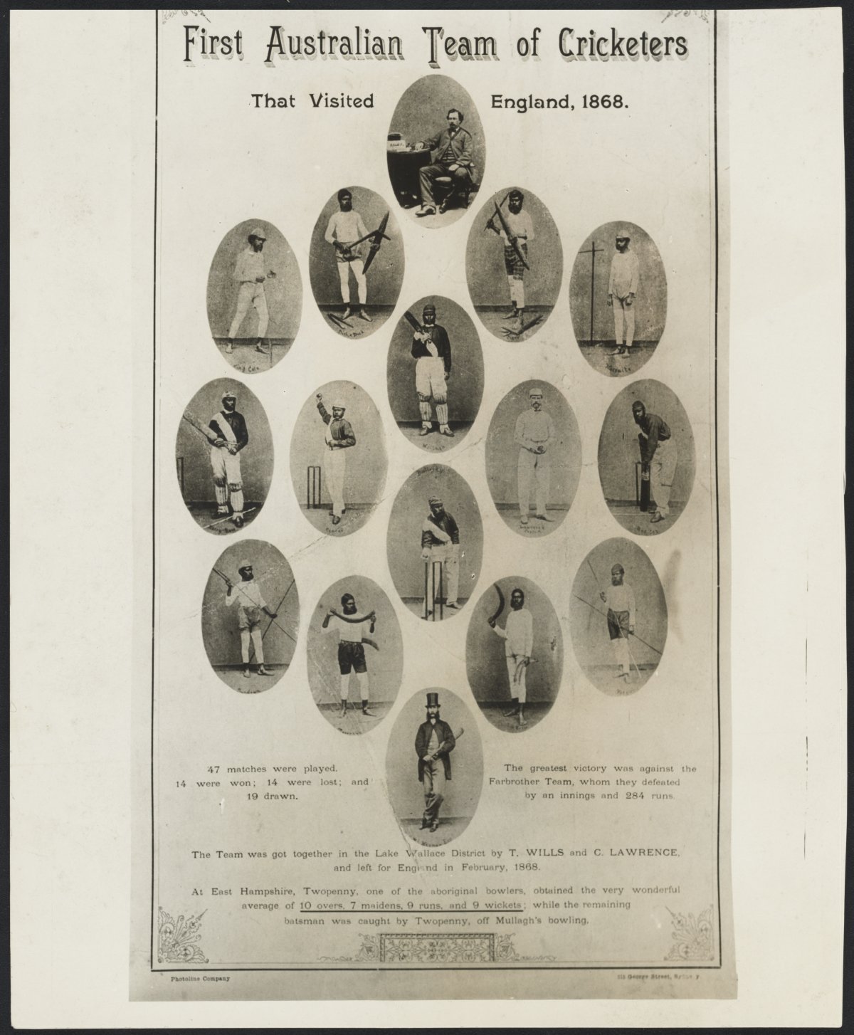 Black and white image of a poster titled 'First Australian Team of Cricketers that visited England, 1868'