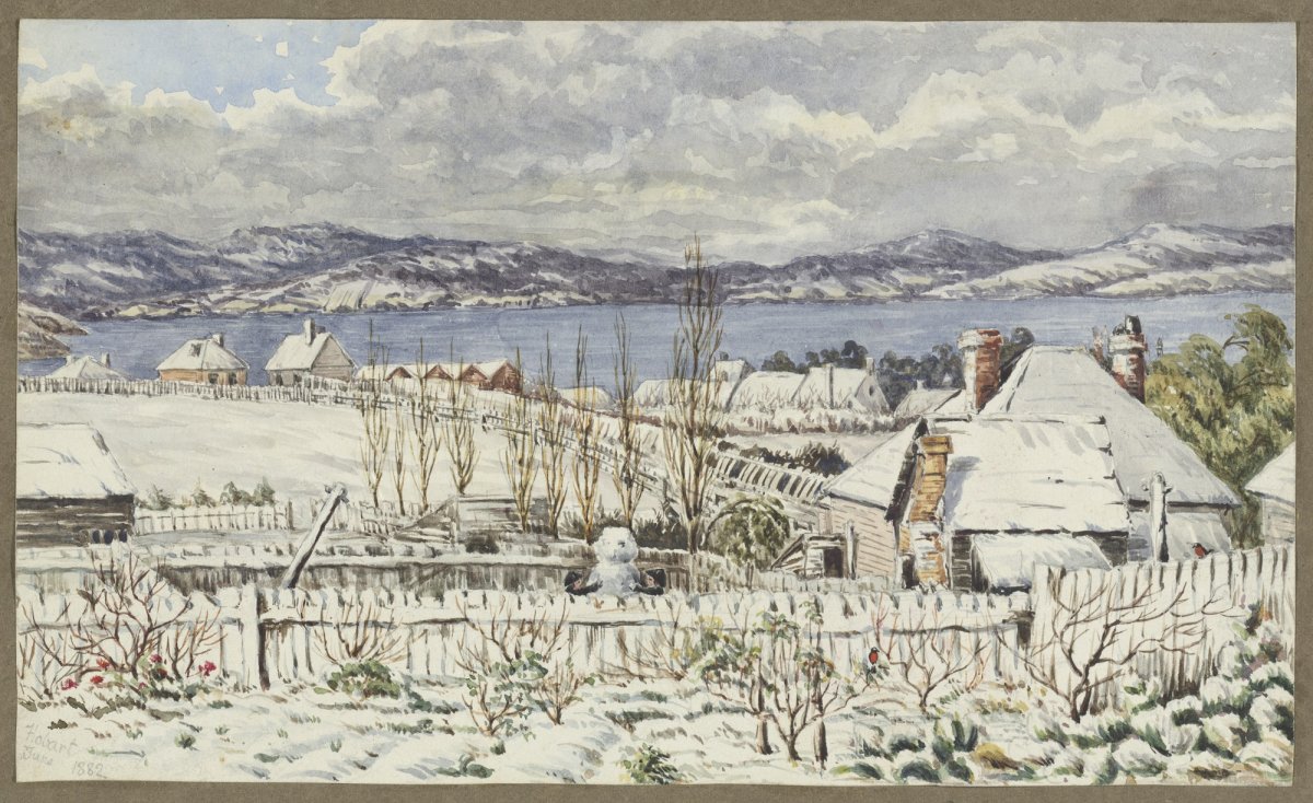 Image of a colour sketch of a heavily snow covered town of Hobart houses with water and mountains in the background in 1882