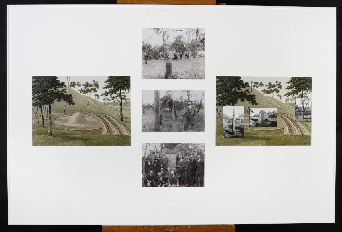 A pictorial artwork showing 3 black and white photos of carved trees down the centre with a larger colour photograph of an Aboriginal Australian burial mound on either side.