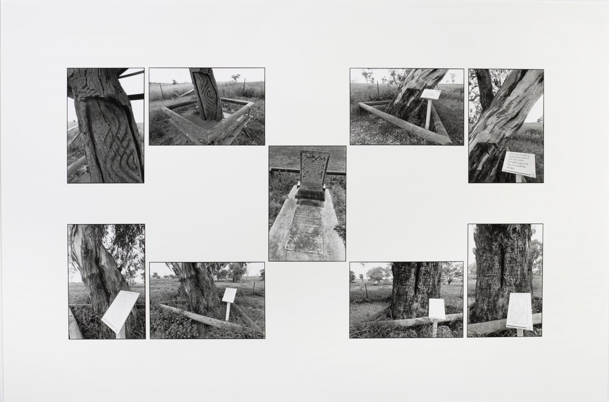 Nine black and white photos of a grave and carved trees arranged as a pictorial collage.