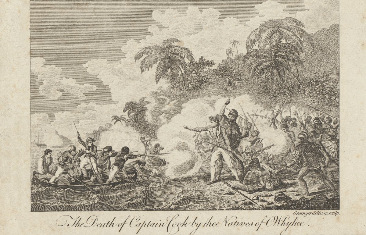 A lithograph print showing conflict between two sides. The conflict is near a beach there are boats on fire in the bay