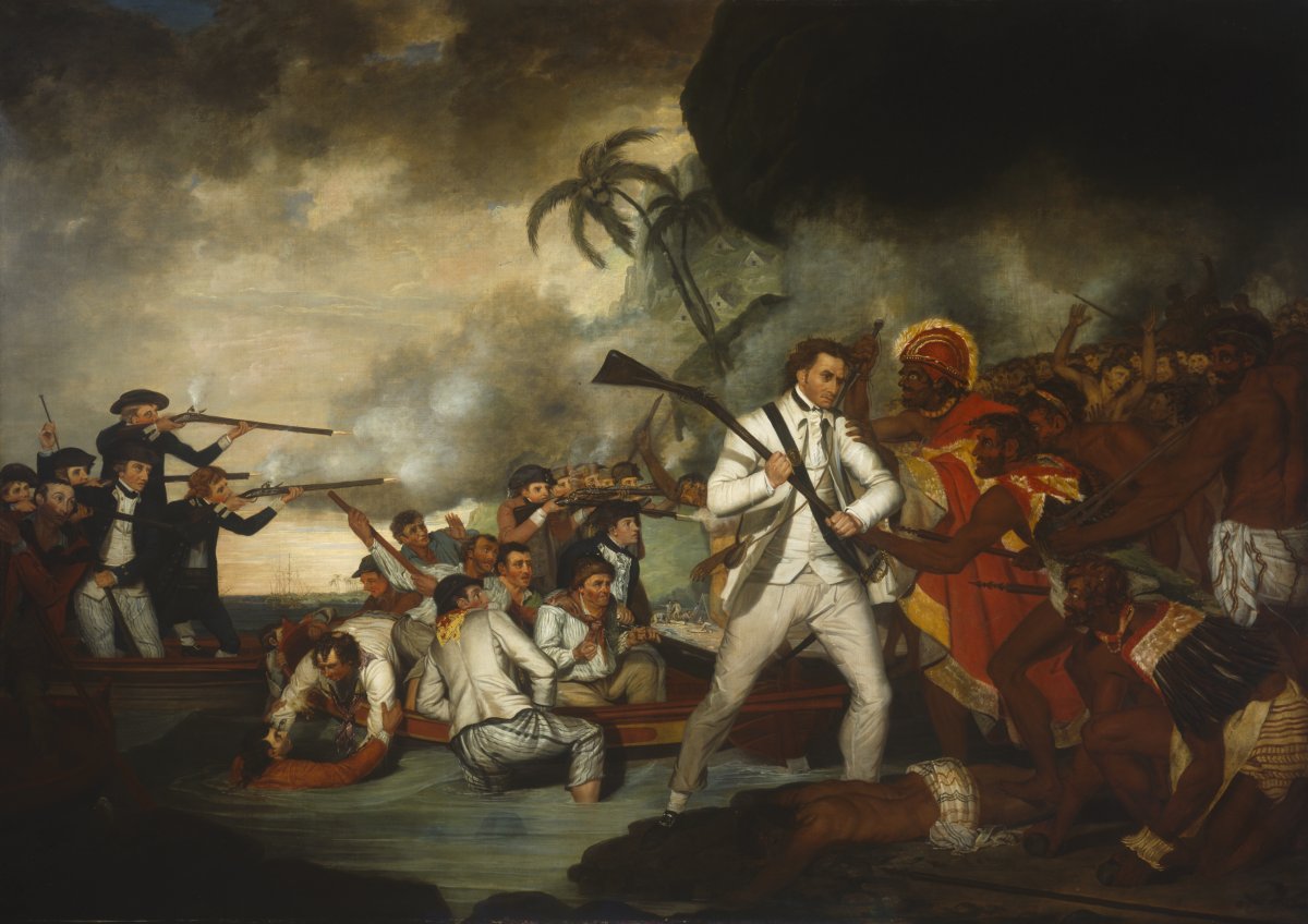 A large oil painting showing a skirmish between two sides. There are sailors wielding guns and the inhabitants of the island on which the conflict is happening wielding clubs and spears