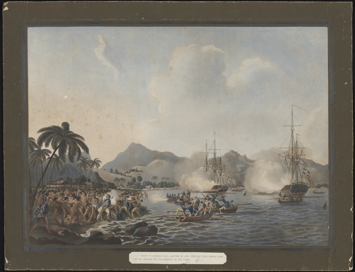A painting showing conflict between two sides. The conflict is near a beach there are boats on fire in the bay