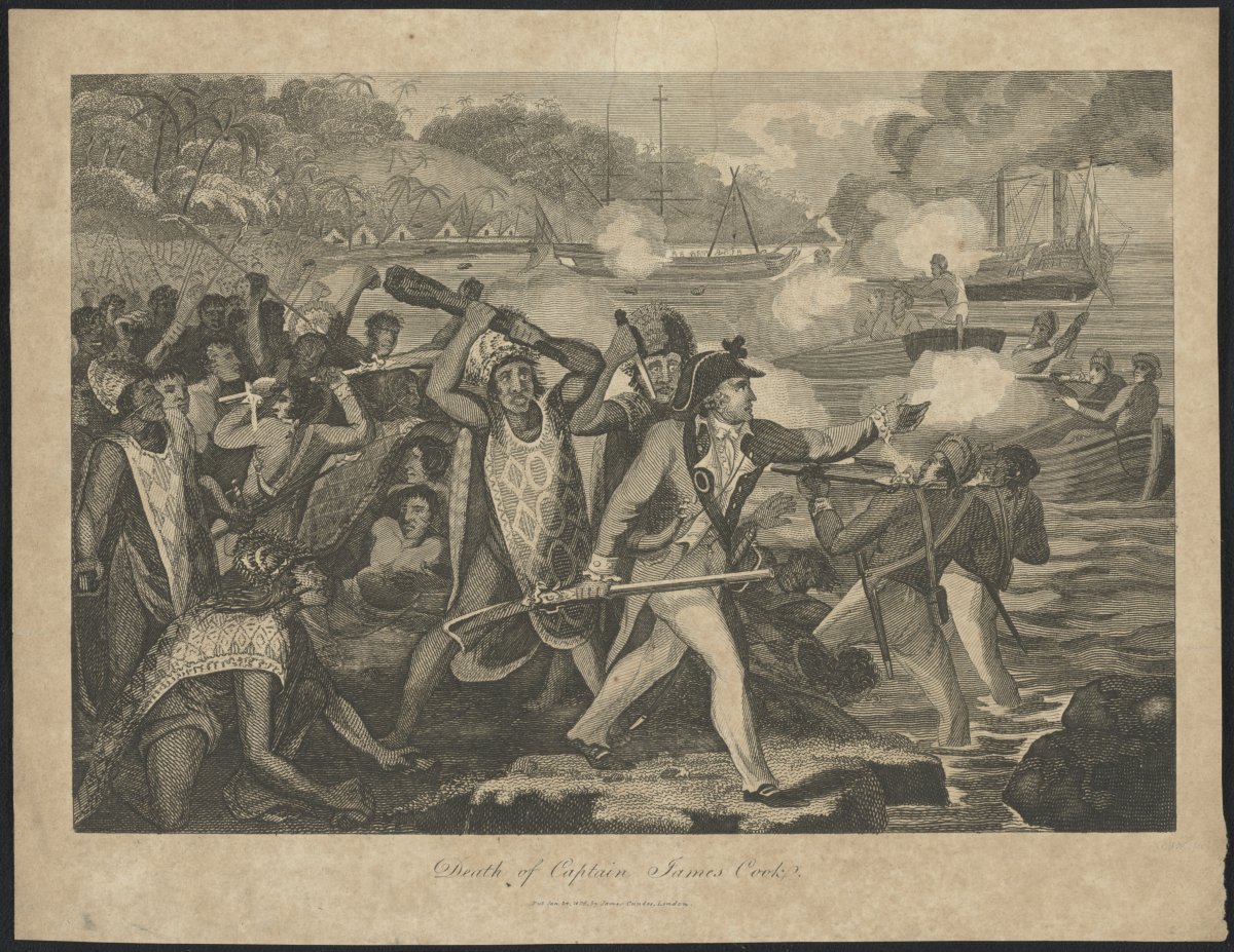 A lithograph print showing conflict between two sides. The conflict is near a beach there are boats on fire in the bay