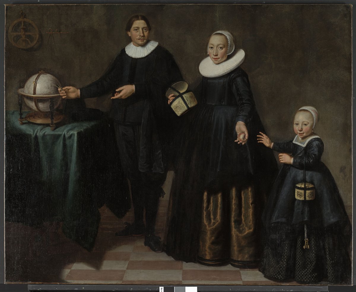 Painting of Abel Tasman, his wife and daughter, standing by a globe