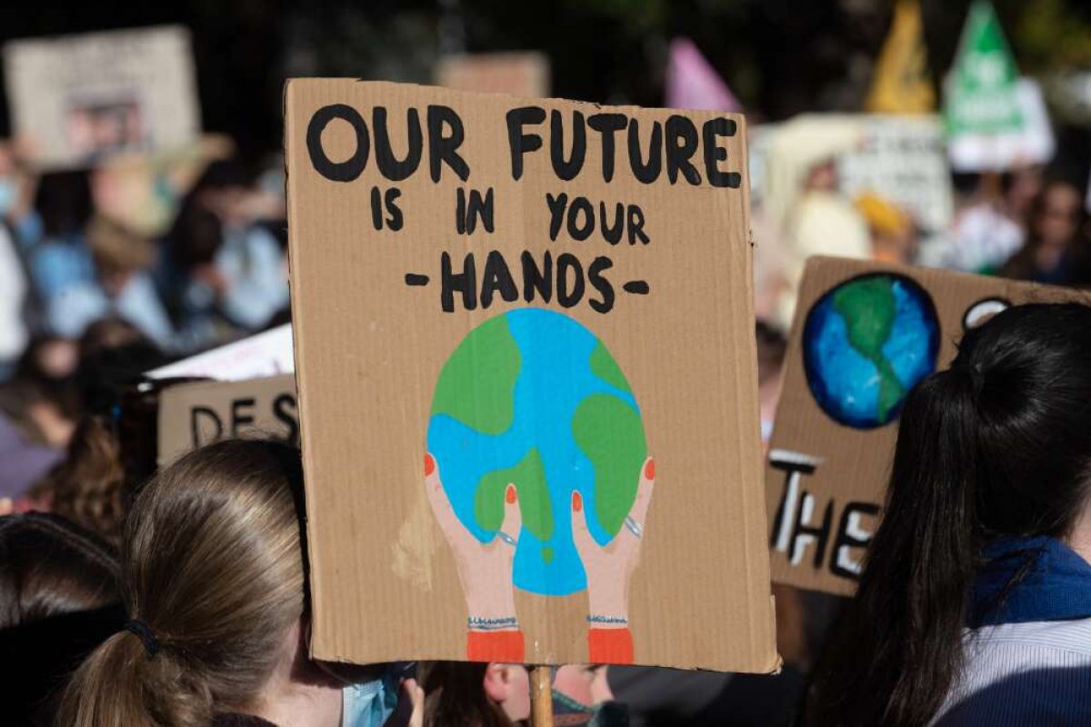 A picture of a crowd of people holding signs. No faces are visible. The focal point of the image is a sign, written on a cardboard box. The sign has a pair of hands holding the Earth with text that says "Our future is in your -hands-