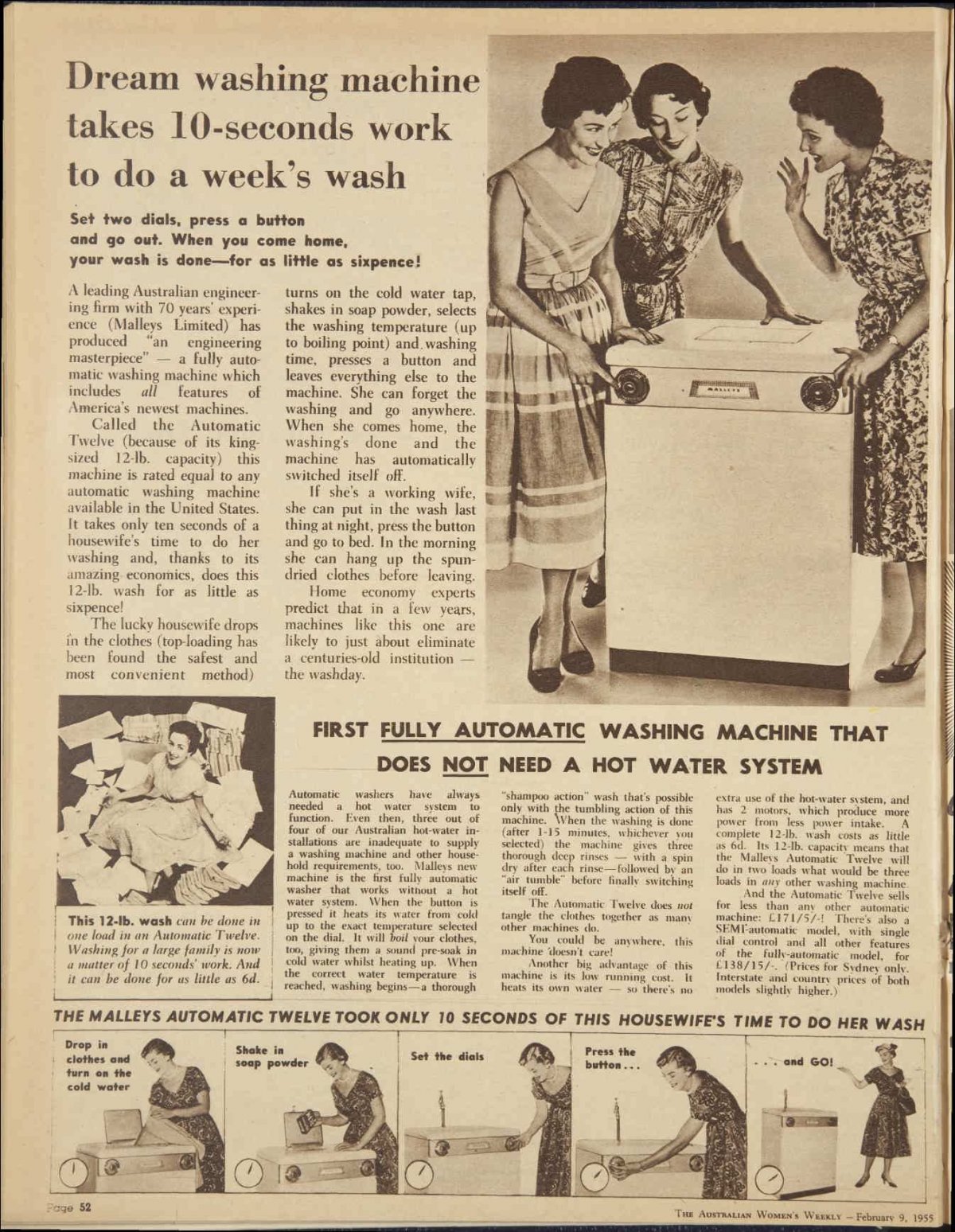 A sepia toned newspaper page. It is an advertisement for a new washing machine. The main image shows three women standing around the appliance smiling. The main headline reads "DREAM WASHING MACHING TAKES 10-SECONDS WORK TO DO A WEEK'S WASH"