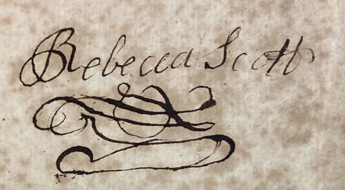 An ink inscription of a woman's name on an endpaper of Sarah Fielding's David Simple