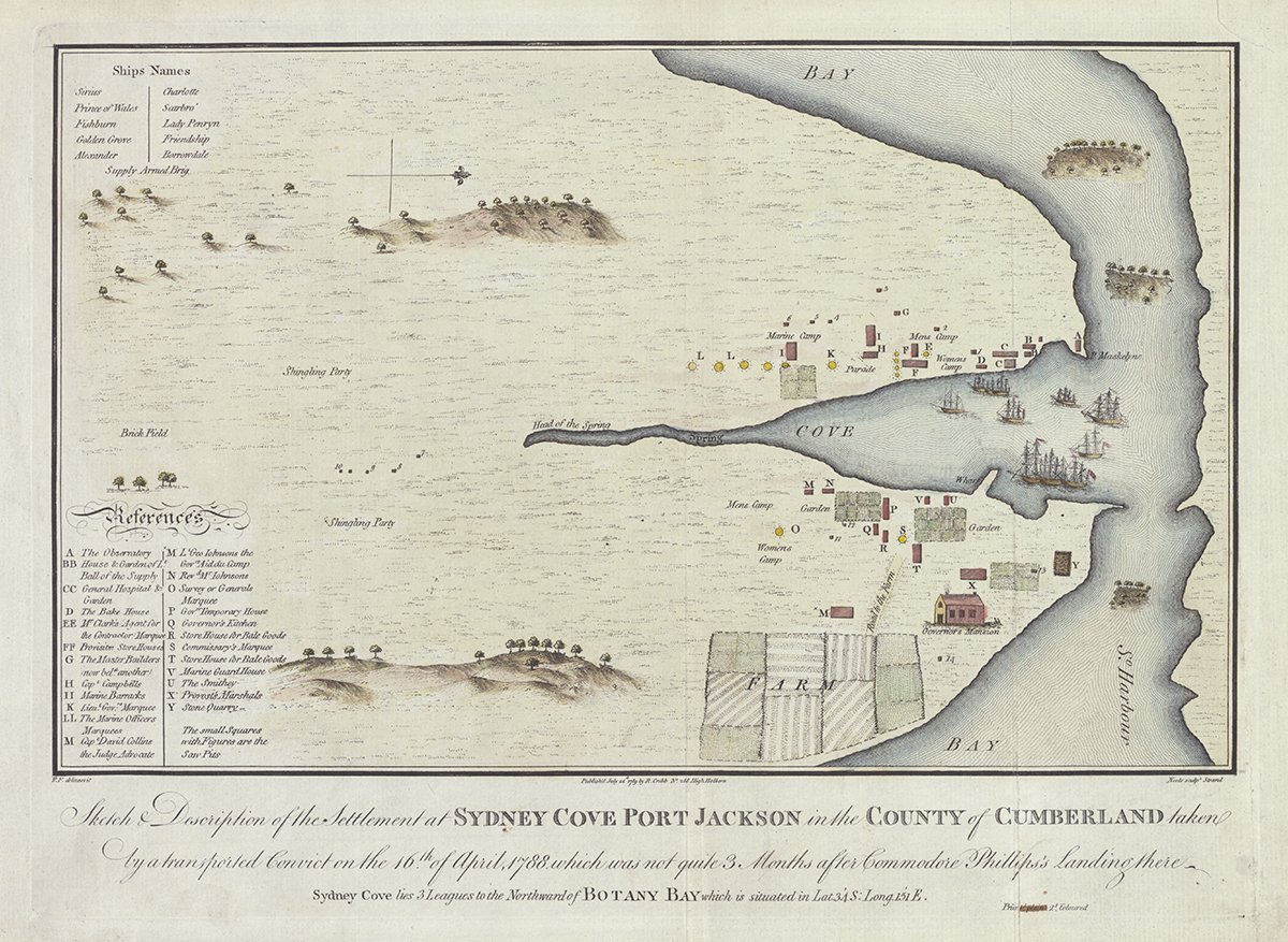Sketch & description of the settlement at Sydney Cove Port Jackson in the County of Cumberland taken by a transported convict on the 16th of April, 1788