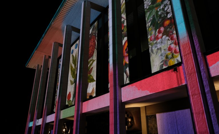 Multi-coloured projections light up the exterior of a building