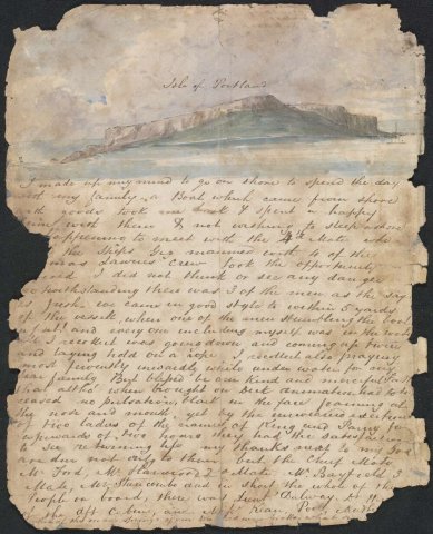 Hand written text with a watercolour image of an island at the top of the page