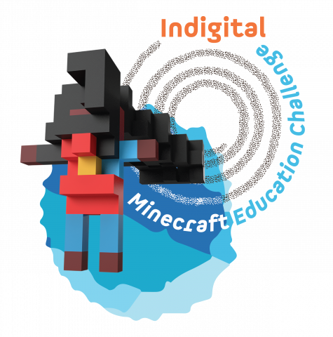 Logo reads Indigital Minecraft Education Challenge alongside a blue and red building block graphic