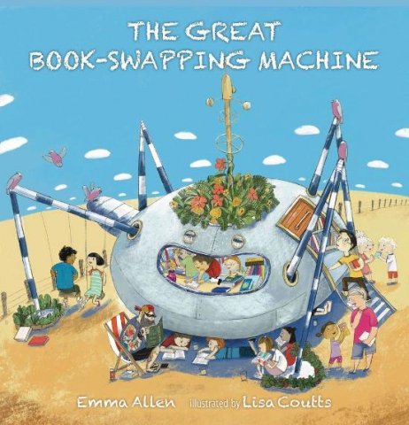 The Great Book-swapping Machine surrounded by members of the community playing and reading.