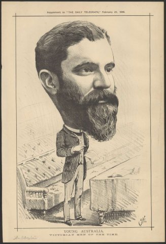 A printed caricature-style drawing of Alfred Deakin from The Daily Telegraph. He stands in front of a long bench and is depicted with a disproportionately large head.