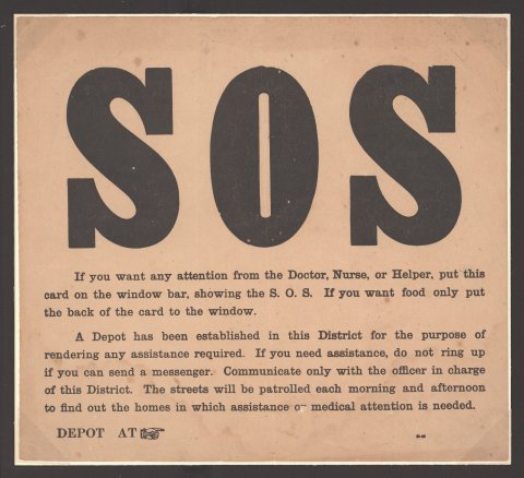 Large black writing on a light brown background reads "SOS" followed by instructions on how to seek medical attention whilst in quarantine.