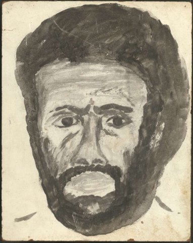 A painting of a man with black hair and beard on white background