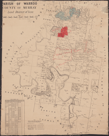 Cadastral map of the parish of Warroo, county of Murray, showing parish boundaries and categories of land holdings.