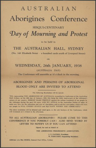 A buff coloured poster saying 'Australian Aborigines Conference, sesqui-centenary Day of Mourning and Protest'.