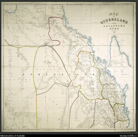 Map of Queensland divided into 14 land districts, with detail of individual squatting runs. Land district borders and coastline are hand-coloured.