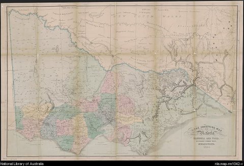 coloured map of Victoria showing counties, road and rail lines, settlements and subdivisions. Map has been dissected and backed on linen.