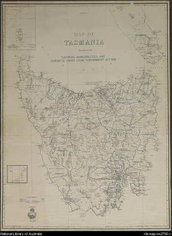 Map of Tasmania showing municipalities and districts under Local Government Act 1806