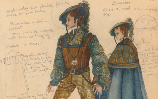 Annotated and coloured sketch of a costume for man. One figure is wearing a blue and green shirt with puffy sleeves, a brown vest, a blue hat and brown boots. A second figure shows the same character with a blue cloak on.