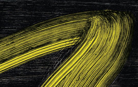 The cover of Alexis Wright's book 'Praiseworthy.' The cover is black with a yellow abstract brushstroke.