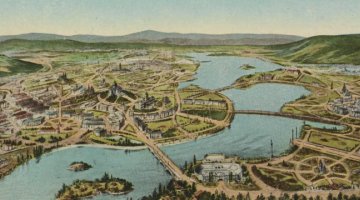 A sketch view of Canberra as designed looking West from the early 20th century.