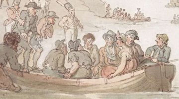 Drawing of convicts on boat being taken to convict ships