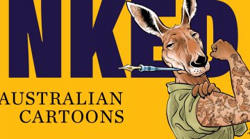 Inked: Australian Cartoons branded banner with the Kangaroo mascot illustration by David Pope