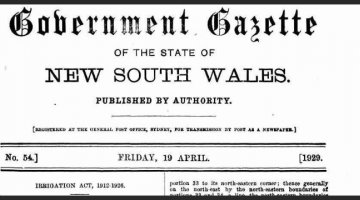 Top of title page of Government Gazette, reads: "Government Gazette of the state of New South Wales Published by authority. [Registered at teh general post office, Sydney, for transmission by post as a newspaper.] No. 54.] Friday, 19 April. [1929."