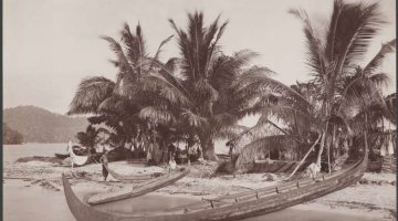 J.W. Beattie, Canoes on a beach, Solomon Islands, 1906.