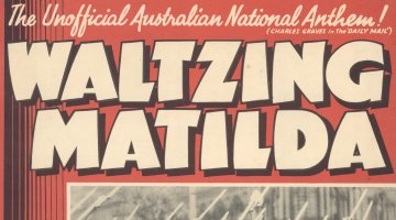 Front page of sheet music for song Waltzing Matilda. White text on a red background above the title reads "The Unoffficial Australian National Anthem!"