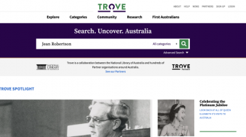 A screenshot of the Trove homepage with 'Jean Robertson' typed into the search bar.